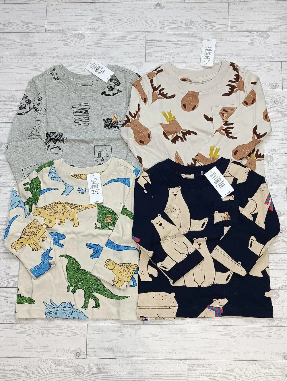 Lot Of 4 Baby Gap Boy's Graphic Print Long Sleeve Shirt 100% Cotton Size 6-12 M